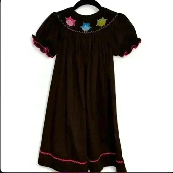 Sprinkled Sweet Boutique Girls Brown Smocked Dress Owl Embroidered Size 6 - Picture 1 of 7